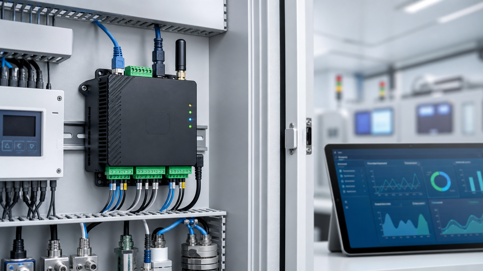 Industrial IoT data logger installed in a control panel with analyzer wiring and dashboard screen